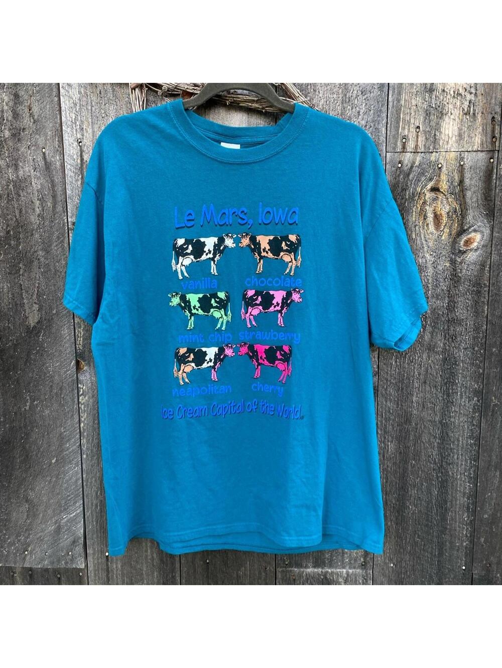 Vintage Ice Cream Iowa Cow 90's Tee Aqua Teal Size XL